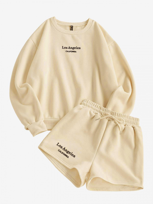 LOS ANGELES CALIFORNIA Embroidered Sweatshirt and Shorts Set M Light coffee