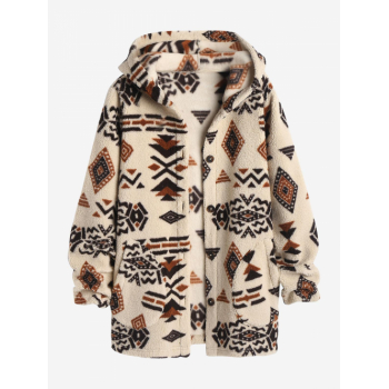 ZAFUL Women's Hooded Ethnic Style Pockets Long Tribal Geo Aztec Printed Fluffy Teddy Coat L Light coffee