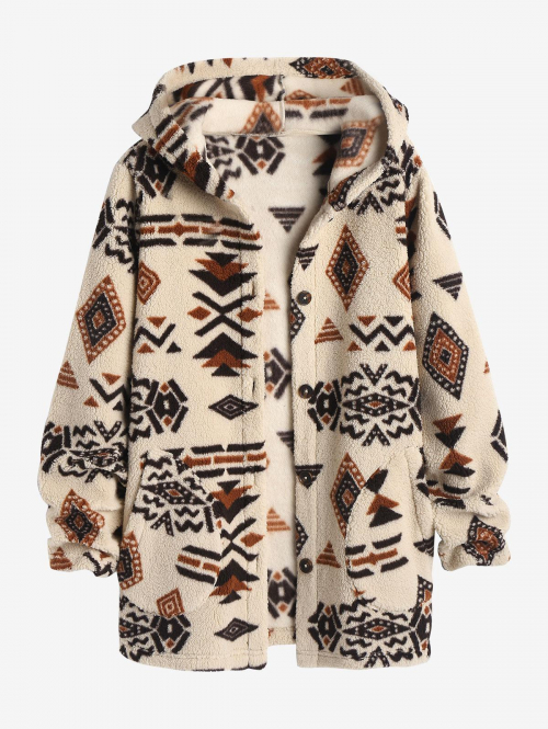 ZAFUL Women's Hooded Ethnic Style Pockets Long Tribal Geo Aztec Printed Fluffy Teddy Coat L Light coffee