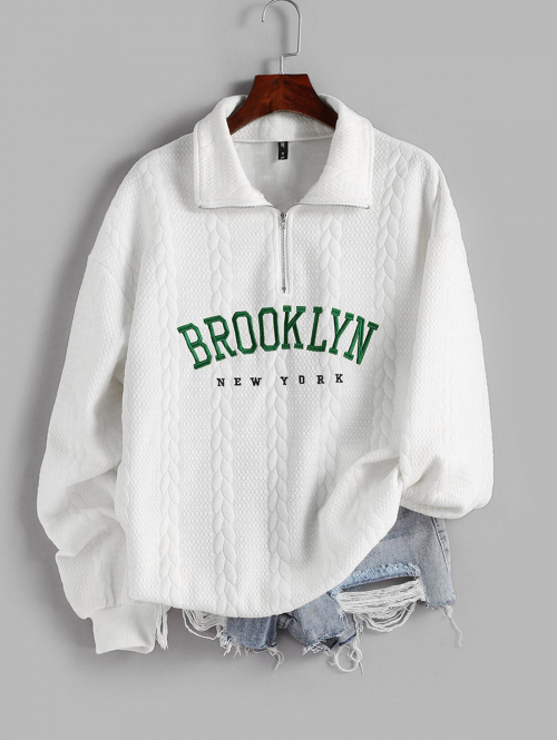 Women Hoodies Women's Casual BROOKLYN NEW YORK Letter Embroidered Quarter Zip Cable Textured Pullover Sweatshirt L White