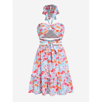 Halter Crisscross Floral Print Crop Top and Skirt Co Ord Set S Light blue