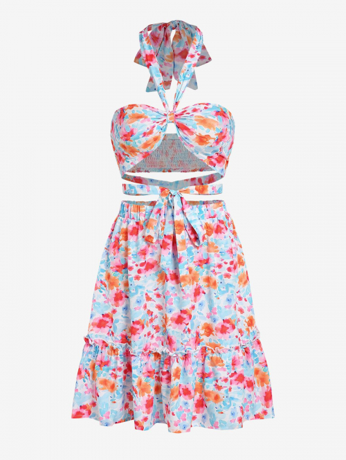 Halter Crisscross Floral Print Crop Top and Skirt Co Ord Set S Light blue