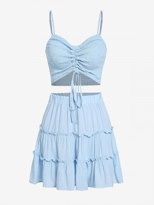 ZAFUL Smocked Cinched Tiered Skirt Set L Light blue