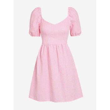 Casual ZAFUL Seersucker Puff Sleeve Gingham Milkmaid Dress S Light pink