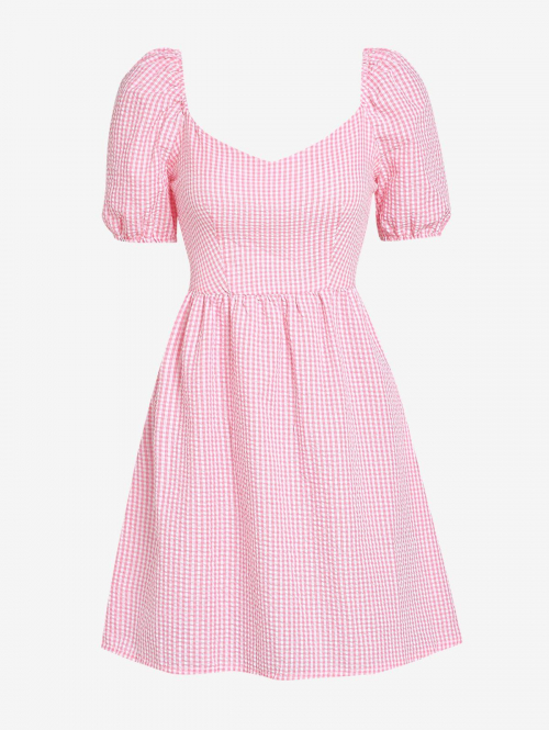 Casual ZAFUL Seersucker Puff Sleeve Gingham Milkmaid Dress S Light pink