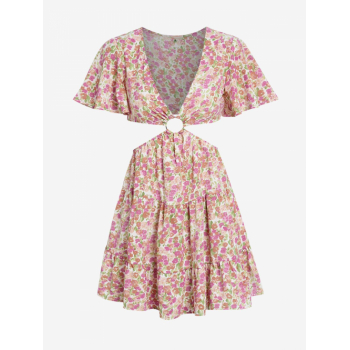 Print Floral Print Flare Sleeve O Ring Cutout Dress L Light pink