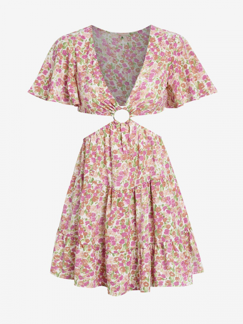 Print Floral Print Flare Sleeve O Ring Cutout Dress L Light pink