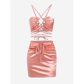 Sheeny Lace-up Crop Top and Ruched Skirt Set M Light pink