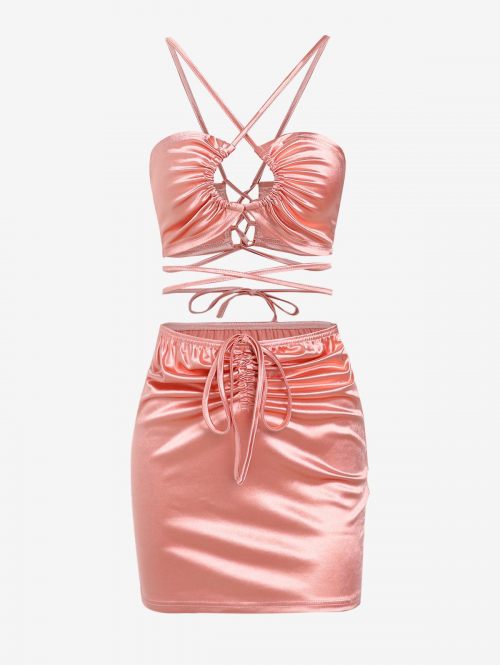 Sheeny Lace-up Crop Top and Ruched Skirt Set M Light pink