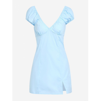 Mini Dress ZAFUL Puff Sleeve Ruched Slit Pastel Dress M Light blue