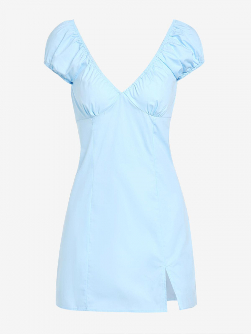 Mini Dress ZAFUL Puff Sleeve Ruched Slit Pastel Dress M Light blue