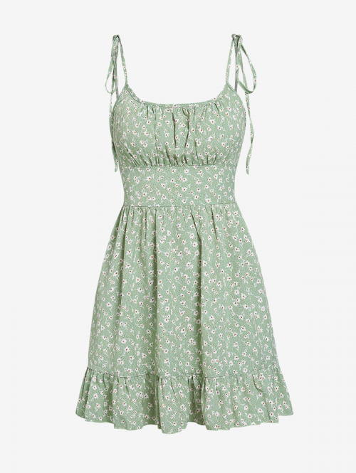 Mini Dress ZAFUL Ruched Ditsy Floral Tie Shoulder Mini Sundress S Light green