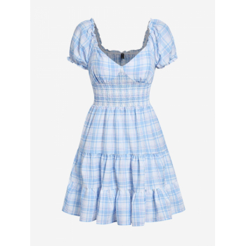 Mini Dress ZAFUL Puff Sleeve Plaid Smocked Waist Mini Dress M Light blue