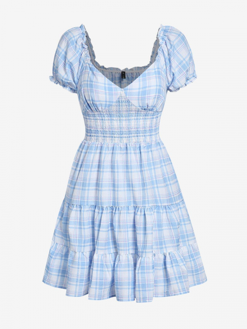 Mini Dress ZAFUL Puff Sleeve Plaid Smocked Waist Mini Dress M Light blue