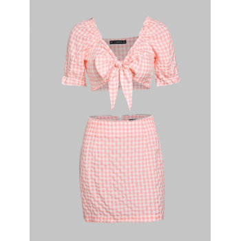 Puff Sleeve Tie Front Gingham Top and Skirt Set M Light pink