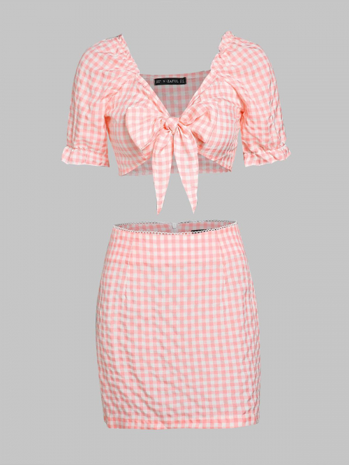 Puff Sleeve Tie Front Gingham Top and Skirt Set M Light pink