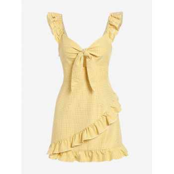 Mini Dress ZAFUL Tie Front Gingham Ruffles Mini Dress M Yellow