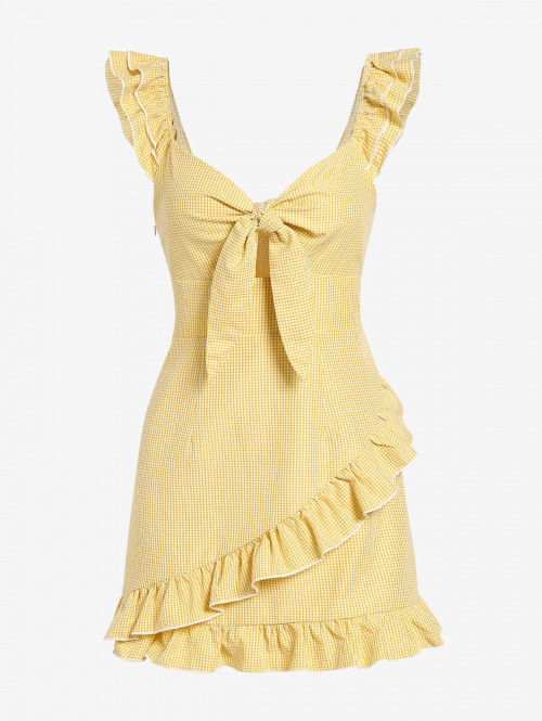 Mini Dress ZAFUL Tie Front Gingham Ruffles Mini Dress M Yellow