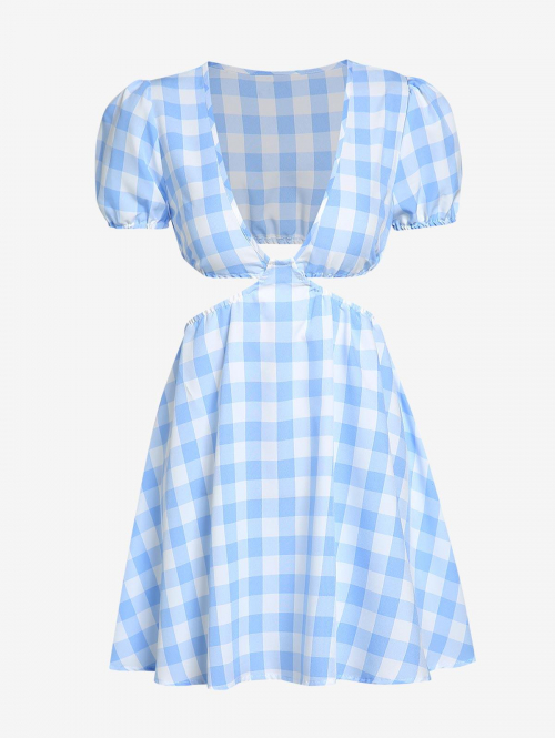 Mini Dress ZAFUL Plunging Neckline Cutout Gingham Mini Dress S Light blue