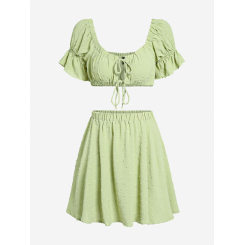 ZAFUL Tie Front Puff Sleeve Swiss Dot Top and Skirt Set S Light green