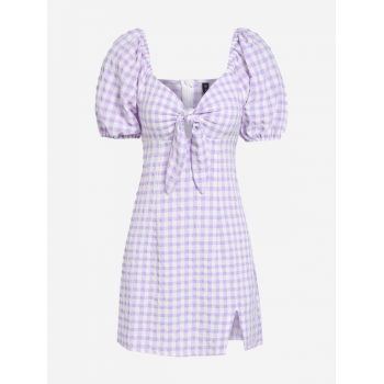 Mini Dress ZAFUL Gingham Puff Sleeve Milkmaid Slit Dress L Light purple