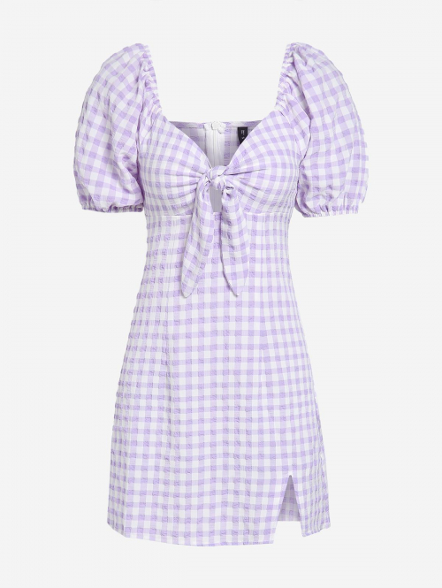 Mini Dress ZAFUL Gingham Puff Sleeve Milkmaid Slit Dress L Light purple