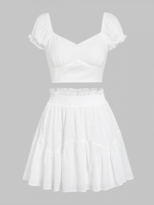 ZAFUL Swiss Dot Milkmaid Top and Paperbag Waist Skirt Co Ord Set S White