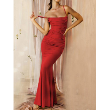 Maxi Cami Sleeveless Ruched Maxi Mermaid Dress Sexy High Stretch Cocktail & Party Prom Dress with Adjustable Shoulder Strap M Red