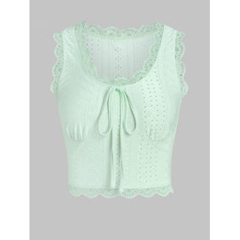 Women Tank Tops ZAFUL Open Knit Bowknot Lace Insert Crop Tank Top M Light green