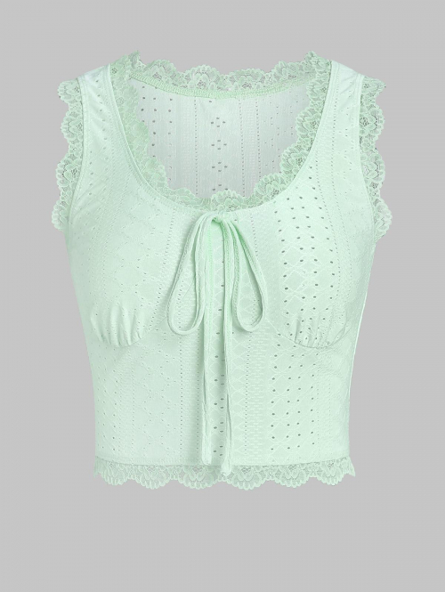 Women Tank Tops ZAFUL Open Knit Bowknot Lace Insert Crop Tank Top M Light green