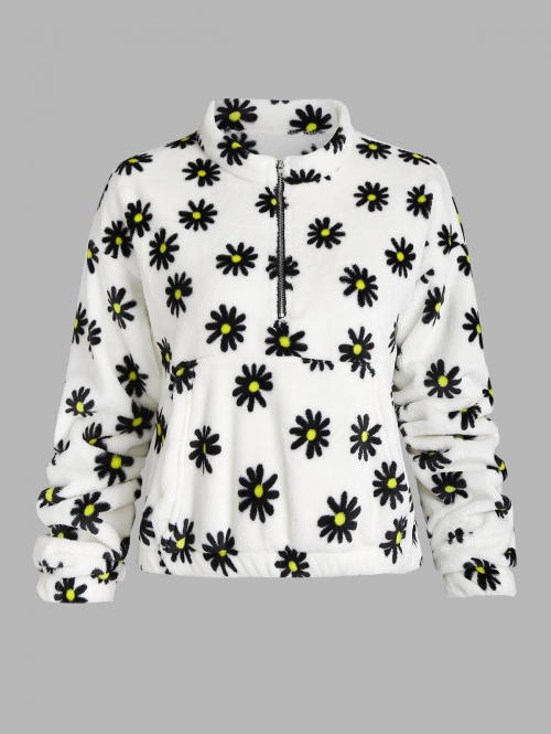 Women Hoodies Half Zip Daisy Graphic Fluffy Sweatshirt S