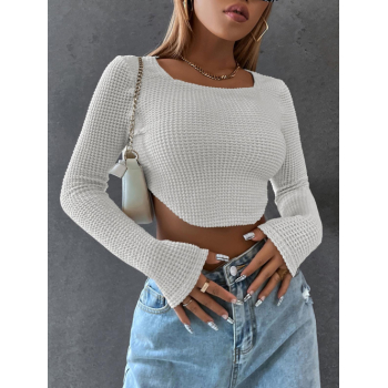 Fashion Women Tees U Neck Curved Hem Crop Top M White