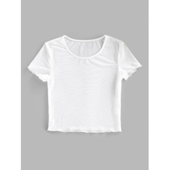 Fashion Women Tees ZAFUL Mesh Lettuce Cuff See Thru T Shirt M White