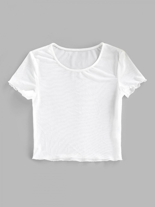 Fashion Women Tees ZAFUL Mesh Lettuce Cuff See Thru T Shirt M White