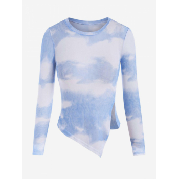 Fashion Women Tees Cloudy-sky Tie Dye Split Side Sheer Mesh Tee Light blue