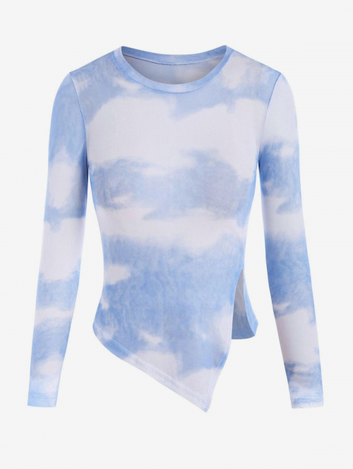 Fashion Women Tees Cloudy-sky Tie Dye Split Side Sheer Mesh Tee Light blue