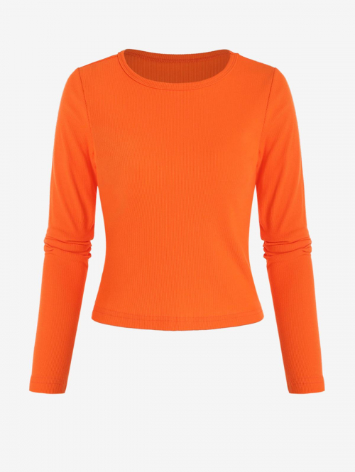 Fashion Women Tees Ribbed Plain Layering Tee M Orange