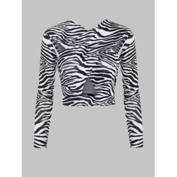 Fashion Women Tees Zebra Striped Cross Cutout Slim Tee M Black