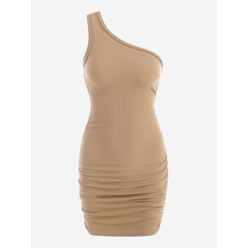 Mini Dress Ribbed Ruched Side One Shoulder Slinky Dress M Light coffee