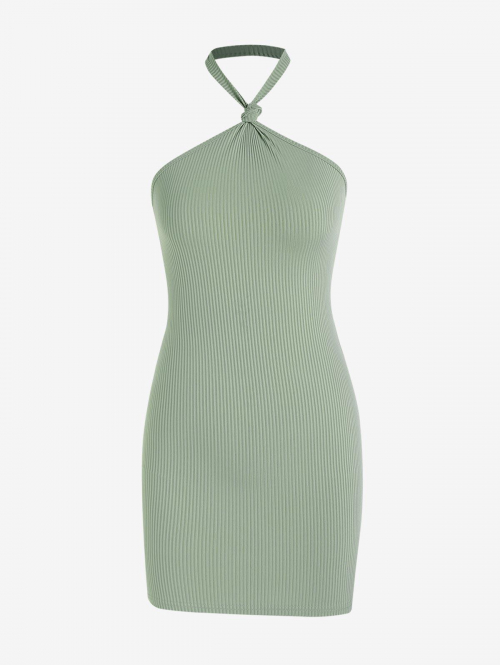 Bodycon Dress Ribbed Halter Backless Bodycon Dress S Light green