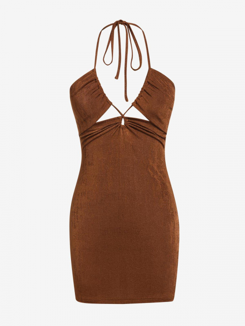 Bodycon Dress ZAFUL Halter Cross Jersey Bodycon Dress M Deep coffee