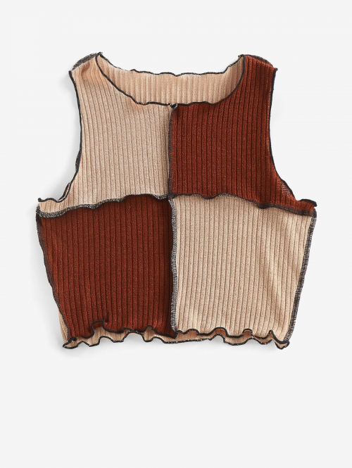 Women Tank Tops ZAFUL Colorblock Topstitching Knitted Tank Top S Light coffee