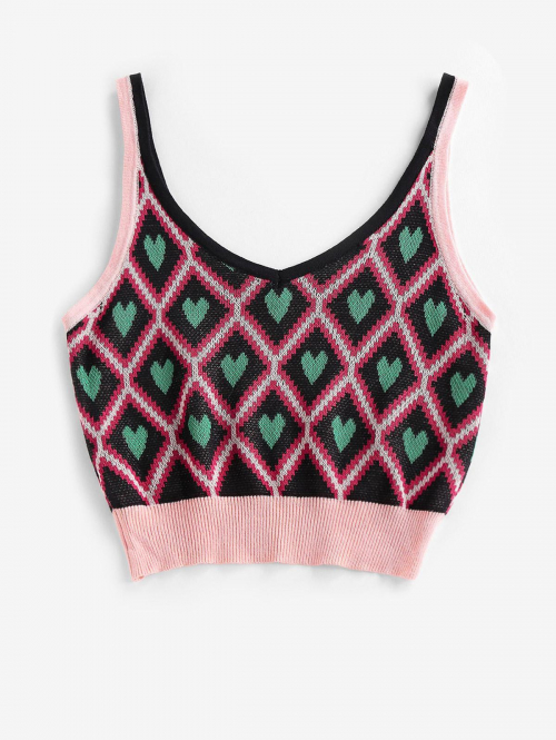 Women Tank Tops ZAFUL Argyle Heart Crop Knit Tank Top S Black