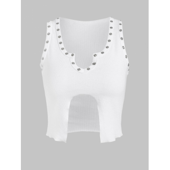 Women Tank Tops Studded Ribbed Notched Hem Tank Top M White