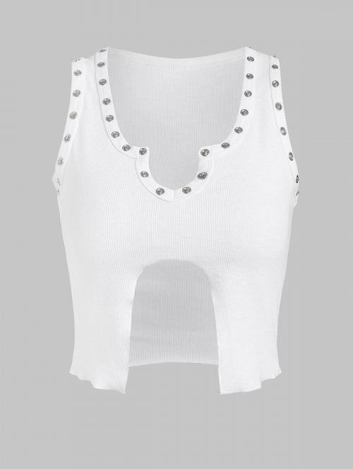 Women Tank Tops Studded Ribbed Notched Hem Tank Top M White