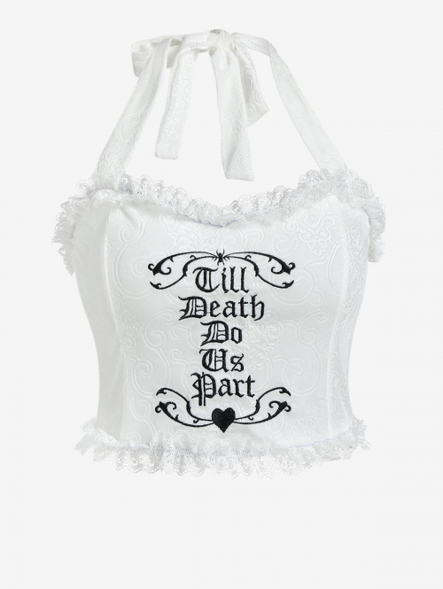 Women Tank Tops Letter Embroidered Lace Insert Halter Crop Tank Top M White