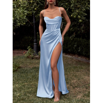 Maxi Satin Cowl Front Lace Up Slit Sleeveless Corset Cocktail Graduation Holiday Homecoming Semi Formal Valentine's Bodycon Solid Maxi Prom Dress with