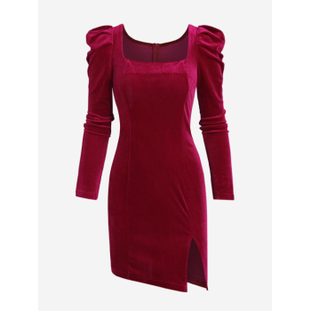 Mini Dress Gigot Sleeve Velvet Slit Bodycon Dress M Red