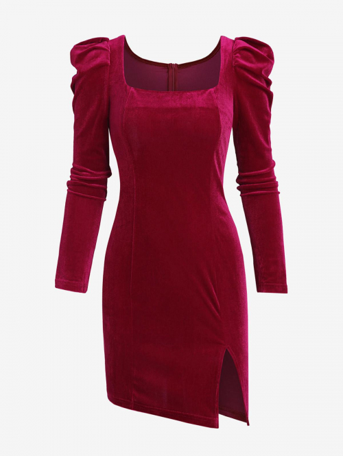 Mini Dress Gigot Sleeve Velvet Slit Bodycon Dress M Red