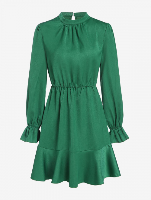 Mini Dress Silky Poet Sleeve Mock Neck Mini Dress M Deep green